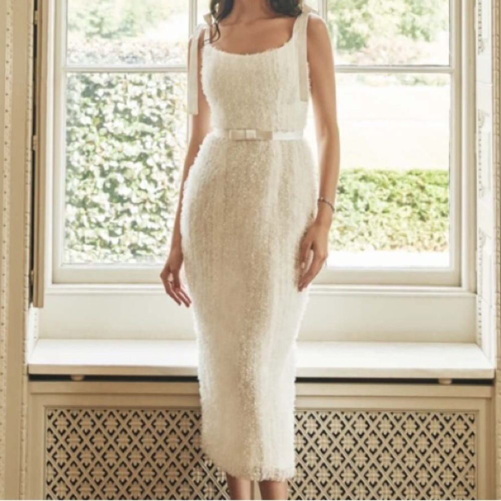 Markarian White Textured Midi Dress with Bow Waist
